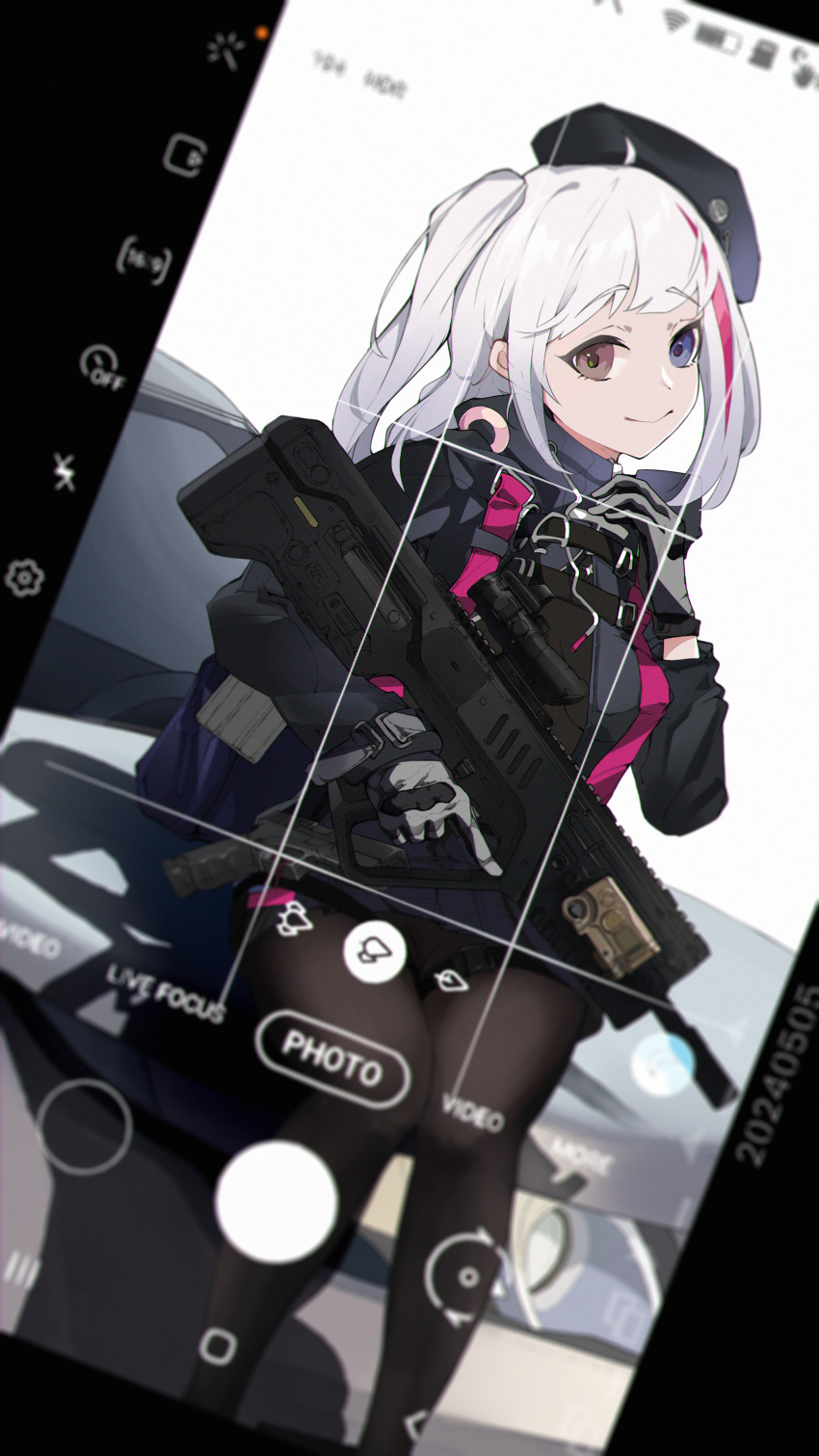 1girl :&gt; absurdres assault_rifle beret black_gloves black_pantyhose black_skirt blue_eyes bullpup car commentary desert_tech_mdr english_commentary girls'_frontline gloves grey_gloves gun hat heterochromia highres holding holding_gun holding_weapon huali_(shouxing2013) long_hair looking_at_viewer mdr_(girls'_frontline) motor_vehicle multicolored_hair one_side_up pantyhose pink_hair pleated_skirt red_eyes rifle scope sitting skirt smile solo streaked_hair trigger_discipline two-tone_gloves user_interface viewfinder weapon white_hair