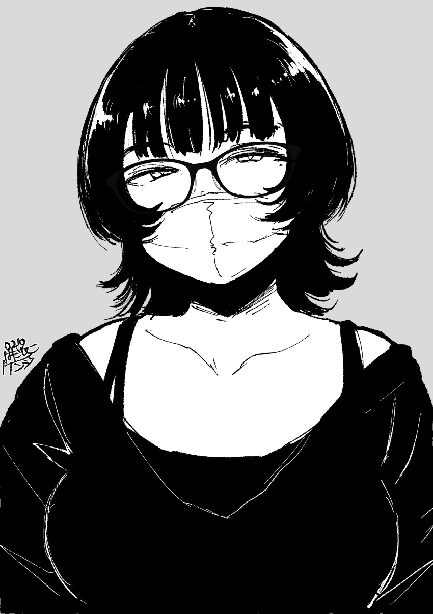 1girl absurdres dated glasses greyscale hadashi_no_kenji highres looking_at_viewer mask medium_hair monochrome mouth_mask original shirt simple_background solo upper_body