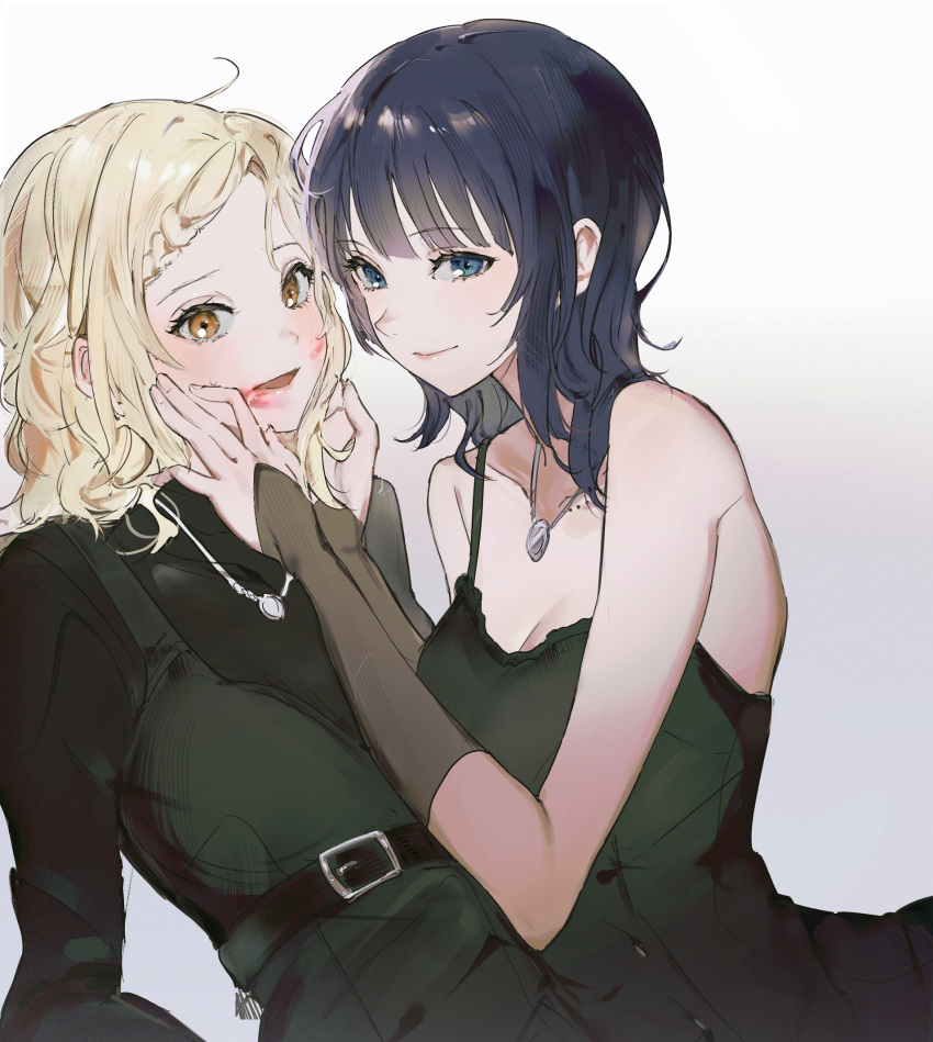 2girls asaka_karin bare_shoulders belt black_belt black_dress black_shirt blonde_hair blue_eyes blue_hair blunt_bangs braid breasts cleavage collarbone commentary_request dark_blue_hair detached_sleeves diverdiva dress face-to-face hands_on_another's_face highres jewelry korean_commentary large_breasts lipstick_mark looking_at_viewer love_live! love_live!_nijigasaki_high_school_idol_club medium_hair miyashita_ai mole mole_on_collarbone multiple_girls necklace open_mouth orange_eyes pinafore_dress r02ig shirt sidelocks sleeveless sleeveless_dress smile yuri