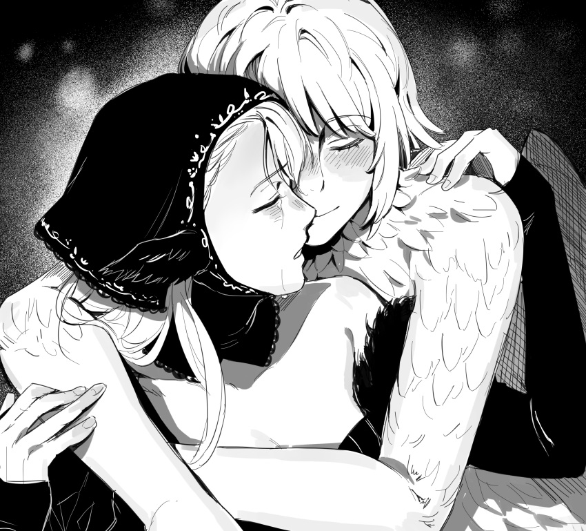 2girls 9_opvp absurdres bare_shoulders blush chimera closed_eyes closed_mouth crying dress dungeon_meshi ear_covers elf falin_touden falin_touden_(chimera) feathers greyscale highres hug hug_from_behind long_sleeves marcille_donato monochrome monster_girl multiple_girls off-shoulder_dress off_shoulder parted_lips pointy_ears tears upper_body yuri