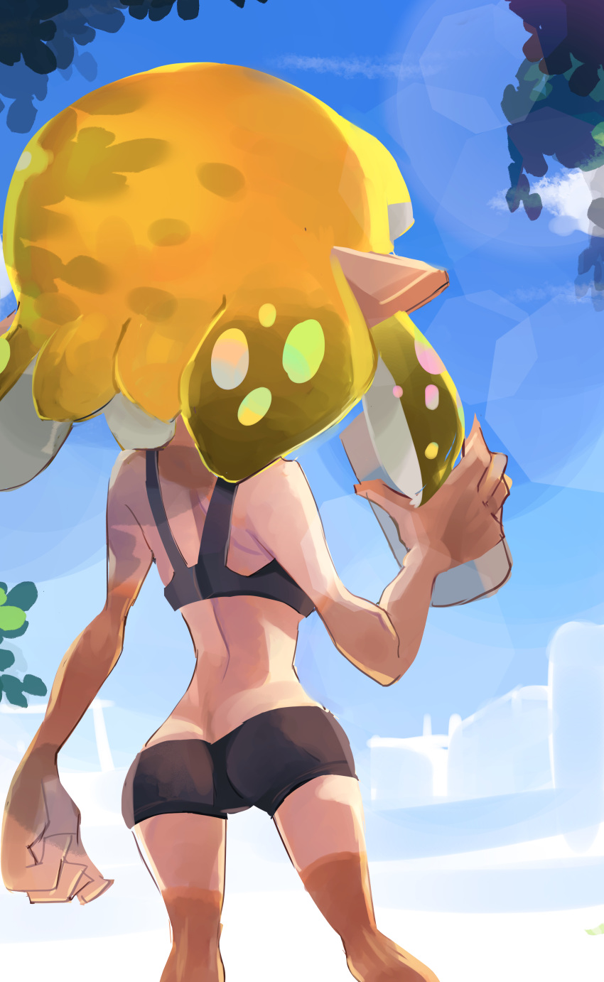 1girl absurdres arm_at_side bare_arms bare_shoulders bike_shorts black_shorts black_sports_bra blonde_hair butt_crack can cowboy_shot from_behind highres holding holding_can inkling inkling_girl inkling_player_character koike3582 pointy_ears short_hair shorts solo splatoon_(series) sports_bra tan tanlines tentacle_hair