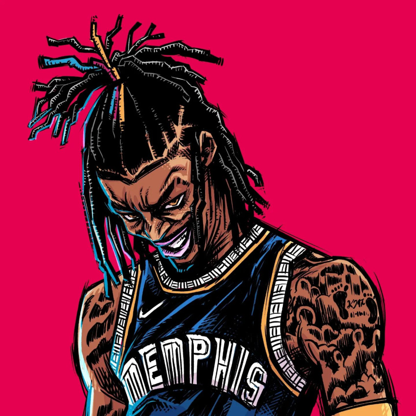 1boy basketball_jersey basketball_uniform black_facial_hair dark_skin highres ja_morant jersey looking_at_viewer memphis_grizzlies national_basketball_association non-web_source smile sportswear