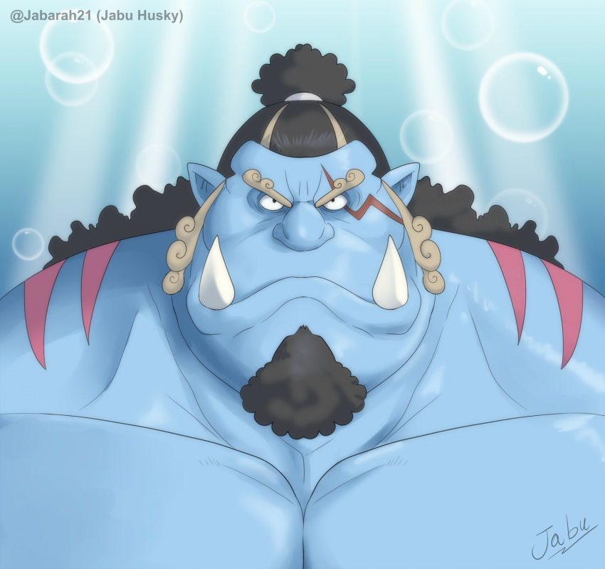 animal_humanoid black_hair blue_body fangs fish fish-men_(one_piece) fish_humanoid hair hi_res humanoid humanoid_pointy_ears jabuhusky jinbe male marine marine_humanoid one_piece solo teeth