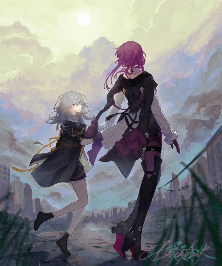 2girls autrisan black_footwear black_jacket black_shorts boots building chinese_commentary city cloud cloudy_sky colored_shoe_soles commentary_request day facing_away frilled_sleeves frills full_body gloves grass grey_hair high_heels highres holding_hands honkai:_star_rail honkai_(series) jacket jacket_on_shoulders kafka_(honkai:_star_rail) leg_up long_sleeves looking_at_another medium_hair multiple_girls outdoors pantyhose parted_lips ponytail purple_gloves purple_hair purple_pantyhose shirt shorts signature sky standing stelle_(honkai:_star_rail) sun thigh_boots thigh_strap trailblazer_(honkai:_star_rail) white_shirt yellow_eyes yellow_sky