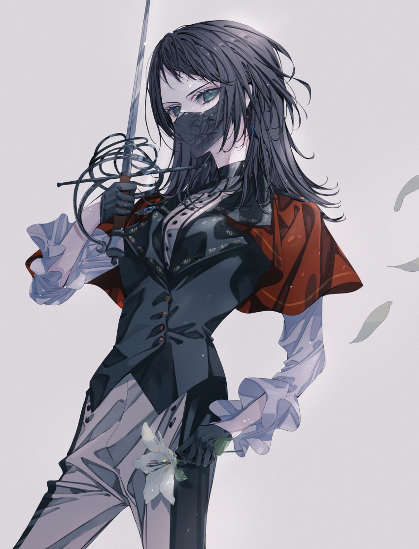 1girl bang_dream! bang_dream!_it's_mygo!!!!! basket_hilt black_gloves black_hair black_mask black_vest blackfangs capelet commentary_request cowboy_shot dress_shirt falling_petals floral_print flower frilled_sleeves frills gloves gradient_background green_eyes grey_background highres holding holding_flower holding_sword holding_weapon lily_(flower) long_sleeves mask medium_hair mouth_mask pants partial_commentary petals rapier red_capelet shirt sidelocks simple_background solo swept_bangs sword sword_in_front_of_face vest weapon white_flower white_lily white_pants white_shirt yahata_umiri