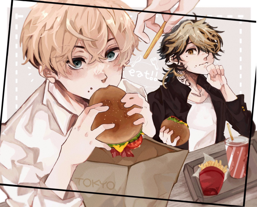 2boys bag black_hair black_jacket blonde_hair blue_eyes brown_eyes burger collared_shirt cup disposable_cup drinking_straw food food_in_mouth food_on_face french_fries hair_between_eyes hanemiya_kazutora highres holding holding_food jacket long_sleeves looking_at_viewer male_focus matsuno_chifuyu multicolored_hair multiple_boys neck_tattoo nitijoy2 paper_bag shirt short_hair streaked_hair tattoo tokyo_revengers undercut upper_body wavy_hair white_shirt wiping_mouth