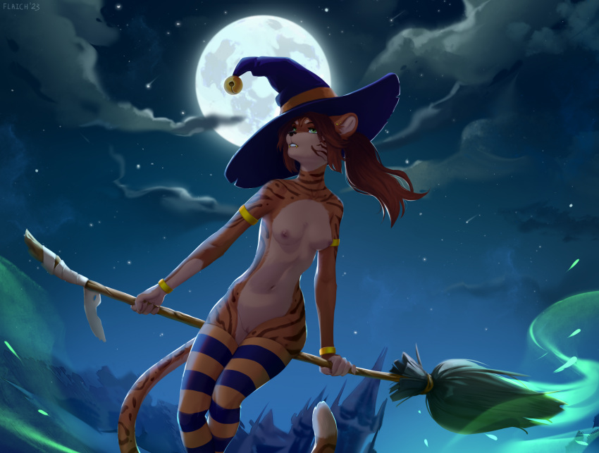 breasts broom broom_riding cleaning_tool clothing felid feline female flaich hair halloween hat headgear headwear hi_res holidays legwear light magic magic_user mammal moon moonlight nala(1shinatobe) night nude orange_body pantherine ponytail sitting sky small_breasts solo striped_body stripes tights witch witch_hat