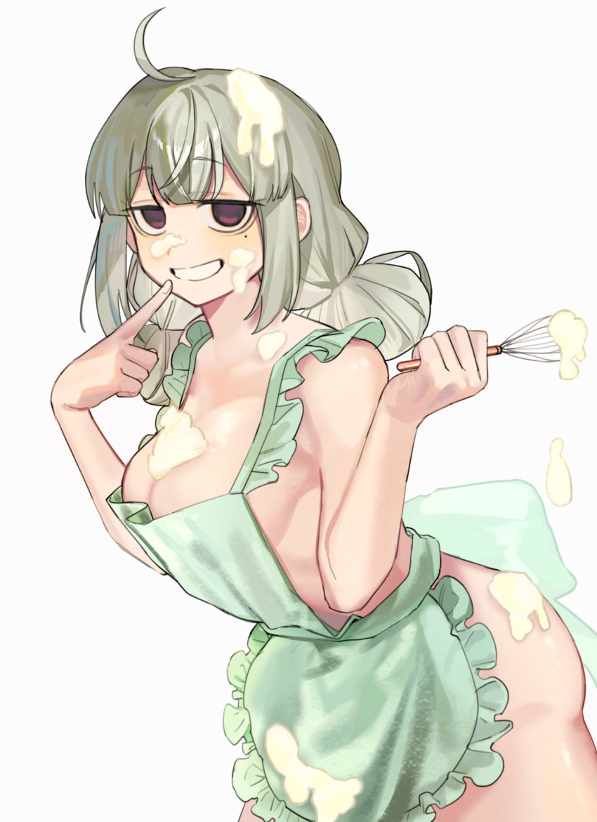 1girl apron araga_kiwi ass batter blonde_hair breasts cleavage commentary_request cowboy_shot double_bun finger_to_mouth food food_on_body food_on_breasts food_on_face food_on_head frilled_apron frills green_apron grin hair_bun hands_up highres mahou_shoujo_ni_akogarete medium_breasts mole mole_under_eye naked_apron object_on_head purple_eyes saiki_(mumei_912) sideboob simple_background smile solo whisk white_background