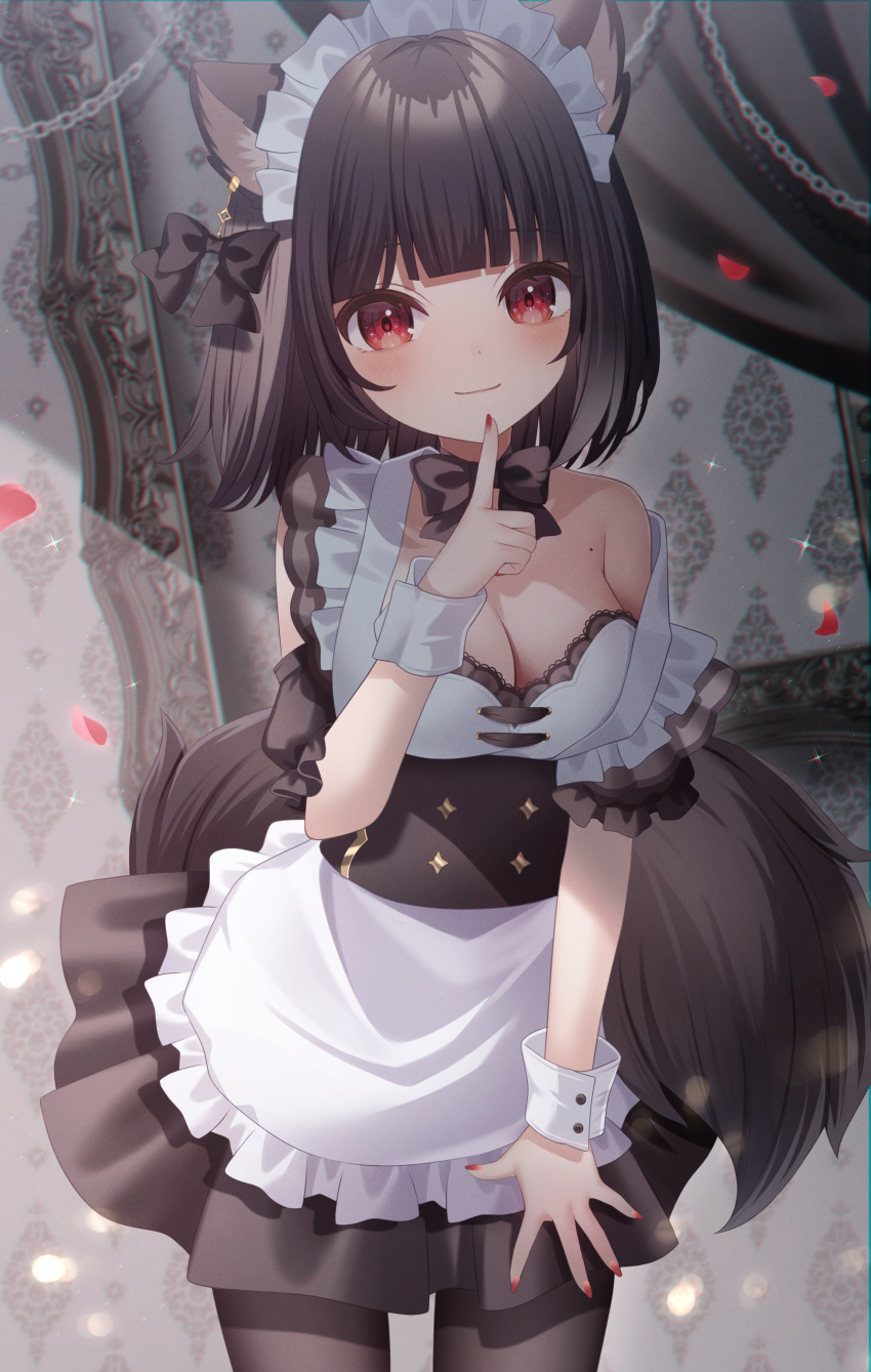 1girl absurdres animal_ear_fluff animal_ears apron bare_shoulders black_bow black_dress black_hair black_pantyhose blush bow breasts chain cleavage closed_mouth commentary_request curtains dress frilled_apron frills hand_up highres index_finger_raised looking_at_viewer maid maid_headdress medium_breasts mole nail_polish original pantyhose petals pleated_dress red_nails sapphire_(sapphire25252) smile solo standing tail white_apron wrist_cuffs