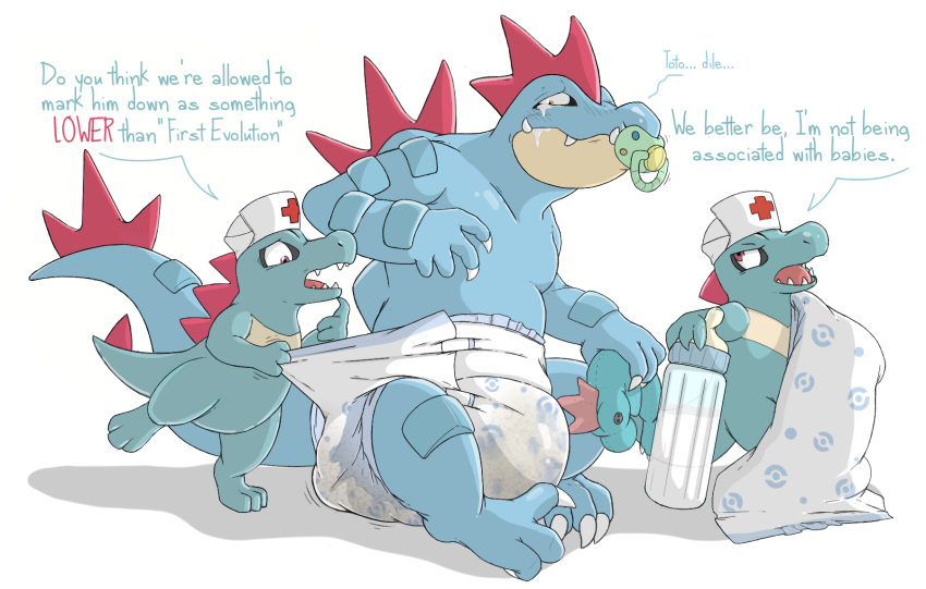 2019 ageplay anthro baby_bottle blush bodily_fluids crying diaper diaper_check drooling embarrassed feces feraligatr generation_2_pokemon genital_fluids group hi_res holding_object holding_plushie imminent_diaper_change infantilism nintendo nurse object_in_mouth pacifier pacifier_in_mouth plushie pokemon pokemon_(species) poofy_dragon roleplay saliva saliva_string soiling tears totodile trio urine wetting