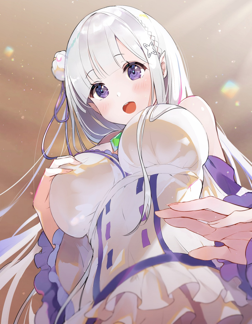 1girl bare_shoulders braid breasts cleavage crown_braid dress elf emilia_(re:zero) fingernails flower frilled_dress frills gem grabbing_own_breast green_gemstone hair_flower hair_ornament hair_ribbon hanakanzarashi highres lap_pillow large_breasts long_hair looking_at_viewer open_mouth pointy_ears pov purple_eyes purple_ribbon re:zero_kara_hajimeru_isekai_seikatsu ribbon rose smile solo underboob upper_body white_flower white_hair white_rose x_hair_ornament