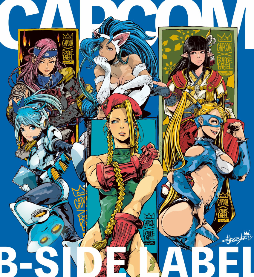 6+girls animal_ears artist_name ass beret black_hair blonde_hair blue_eyes blue_hair blunt_bangs blurry blurry_background bodysuit braid cammy_white capcom cat_ears cat_girl character_request copyright_name copyright_request domino_mask felicia_(vampire) green_bodysuit green_shirt hat highres hinoa jbstyle long_hair low_twin_braids mask mega_man_(series) monster_hunter_(series) multiple_girls muscular pink_hair pointy_ears rainbow_mika red_hat revealing_clothes rico_(mega_man) shirt sleeveless sleeveless_shirt street_fighter twin_braids twintails vampire_(game) white_fur