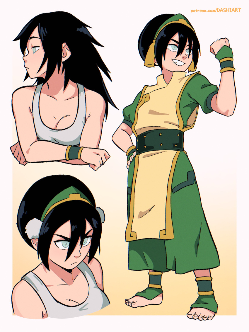 1girl :/ absurdres avatar:_the_last_airbender avatar_legends barefoot blind breasts crossed_arms dashi_(dashiart) frown hair_bun hair_down highres simple_background single_hair_bun smile solo standing tank_top toph_bei_fong