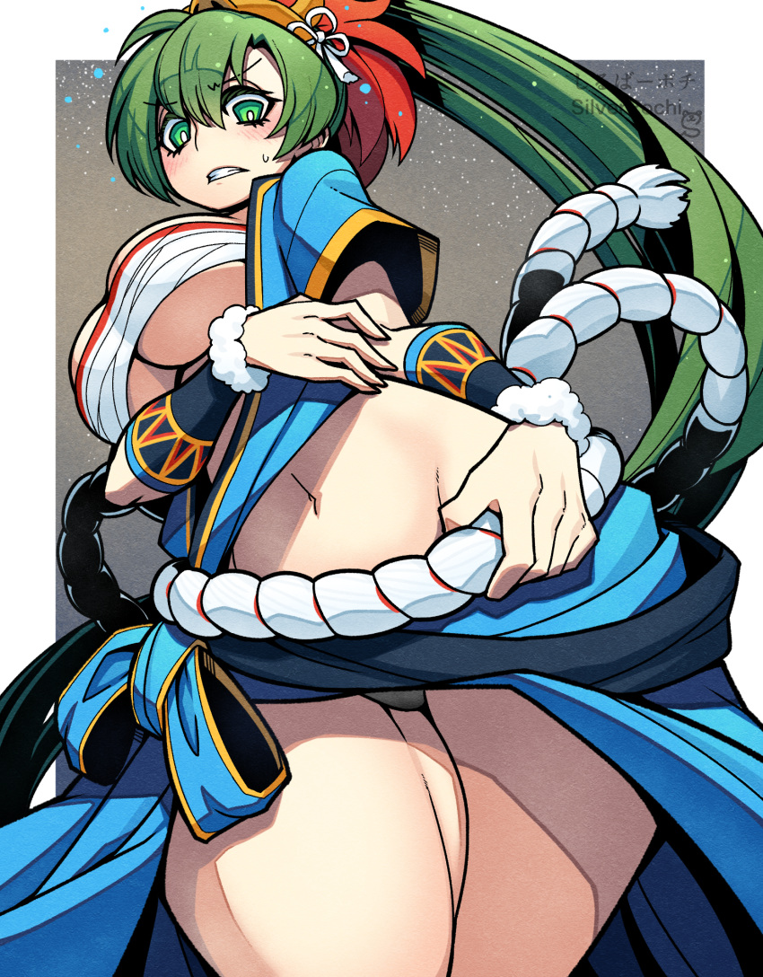 1girl bandages bandeau blue_robe blue_skirt blush breasts chest_sarashi clenched_teeth commentary cowboy_shot fire_emblem fire_emblem:_the_blazing_blade fire_emblem_heroes green_eyes green_hair groin highres kara_age large_breasts long_hair lyn_(fire_emblem) midriff navel official_alternate_costume ponytail robe rope sarashi shimenawa short_sleeves skirt solo standing stomach strapless teeth thighs tube_top very_long_hair