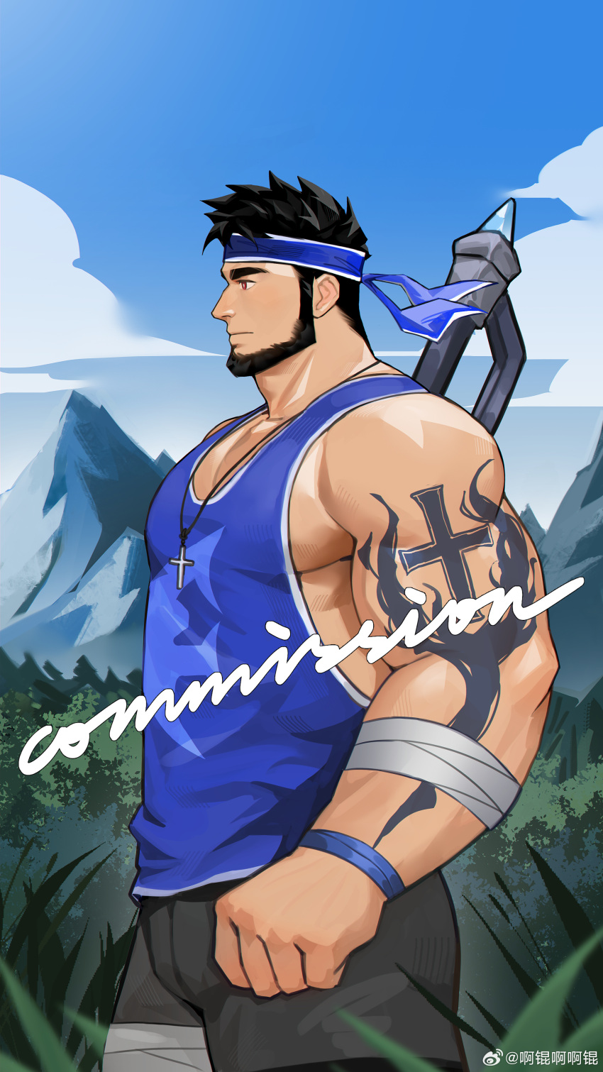 1boy absurdres akunaakun_(kunkun586586) arm_tattoo bandaged_leg bandages bara bare_arms beard black_hair blue_headband blue_shirt brucie_(infighter821) cowboy_shot cross cross_necklace dungeon_and_fighter expressionless facial_hair from_side full_beard headband highres jewelry large_hands large_pectorals looking_ahead male_focus male_priest_(dungeon_and_fighter) mature_male muscular muscular_male necklace original pectoral_cleavage pectorals profile shirt short_hair sleeveless sleeveless_shirt solo standing tattoo thick_arms thick_eyebrows tsurime