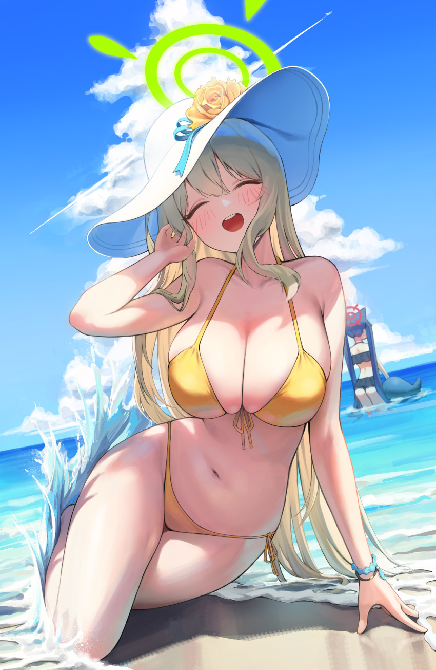 2girls ;d absurdres animal_ears arm_support beach bikini black_bikini black_hair blonde_hair blue_archive blue_sky blush bracelet breasts cat_ears cleavage closed_eyes cloud day dong_ji facing_viewer flower front-tie_bikini_top front-tie_top full_body halo halterneck hat hat_flower highres jewelry large_breasts long_hair multiple_girls navel nonomi_(blue_archive) nonomi_(swimsuit)_(blue_archive) official_alternate_costume one_eye_closed outdoors revision serika_(blue_archive) serika_(swimsuit)_(blue_archive) side-tie_bikini_bottom sideboob sky smile solo_focus stomach string_bikini sun_hat swimsuit twintails very_long_hair water white_hat yellow_bikini yellow_flower