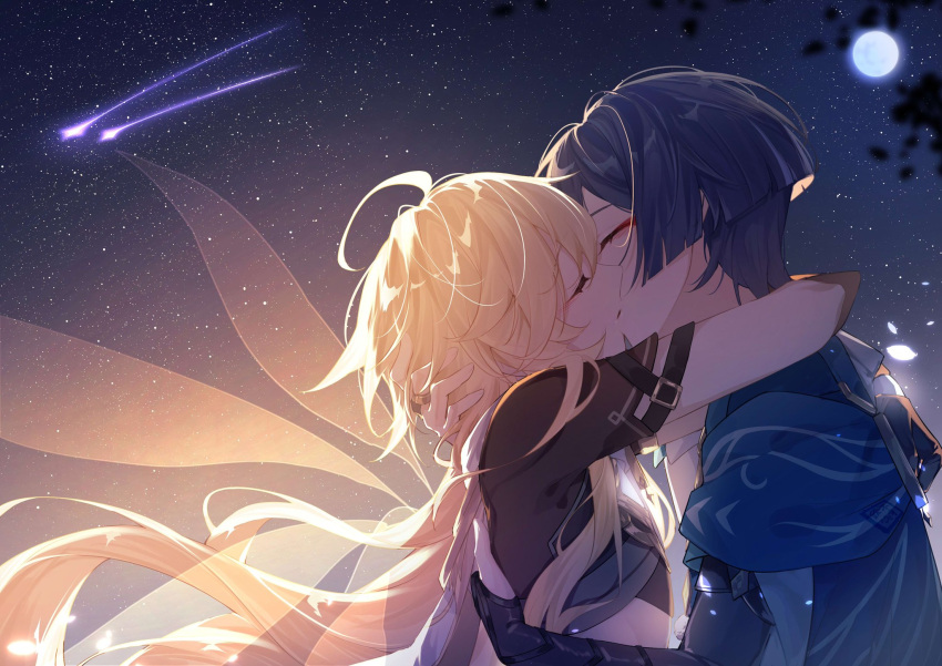 2boys aether_(genshin_impact) ahoge alternate_hairstyle black_gloves blonde_hair blue_cape blue_sky blunt_ends blush brown_shirt buzheng61241 cape closed_eyes elbow_gloves eyeshadow fingerless_gloves french_kiss full_moon genshin_impact gloves gold_ring hair_between_eyes highres hug jewelry kiss leaf long_hair makeup male_focus moon multiple_boys night night_sky no_headwear outdoors purple_hair red_eyeshadow ring scaramouche_(genshin_impact) shirt shooting_star short_hair short_sleeves sky standing star_(sky) starry_sky upper_body wanderer_(genshin_impact) white_cape wings yaoi