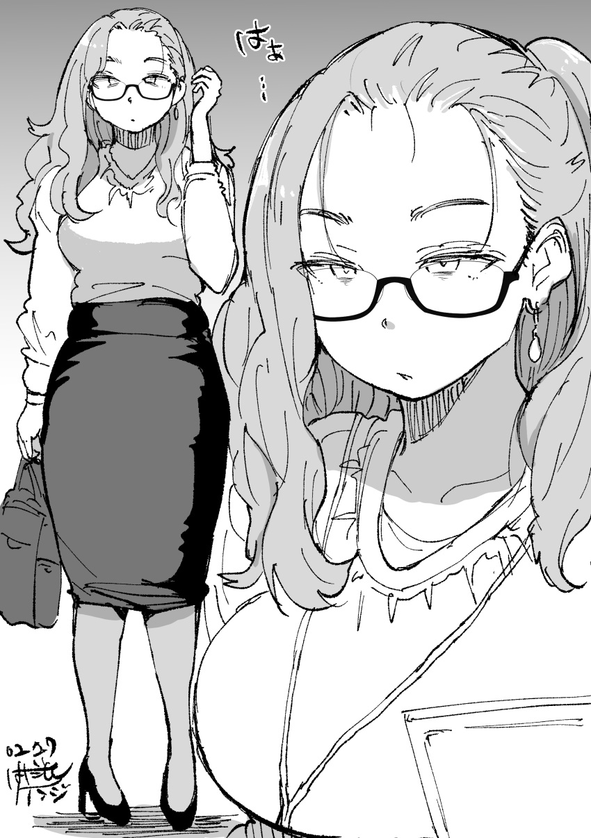 1girl absurdres bag dated earrings glasses gradient_background greyscale hadashi_no_kenji hand_up handbag high_heels highres jewelry long_hair monochrome multiple_views office_lady original simple_background skirt