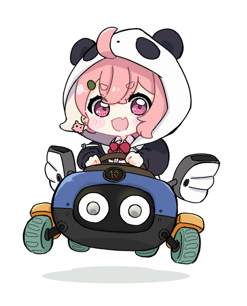 1girl :d ahoge animal_ears animal_hood blush_stickers bow chibi collared_shirt commentary dress_shirt driving earrings fake_animal_ears fang hair_between_eyes hair_ornament hairclip highres hood hooded_jacket jacket jewelry long_sleeves looking_at_viewer multicolored_hair nijisanji nozo_(hitomiz) panda_ears panda_hood pink_hair pink_shirt puffy_long_sleeves puffy_sleeves purple_eyes red_bow sasaki_saku shadow shirt short_eyebrows simple_background smile solo streaked_hair thick_eyebrows v-shaped_eyebrows virtual_youtuber white_background white_hair white_jacket