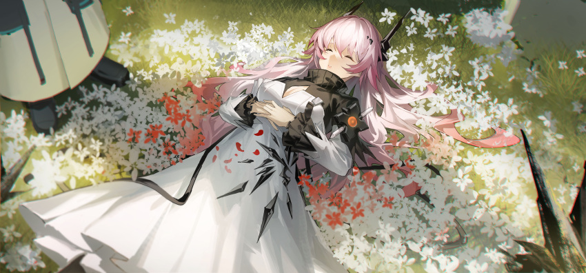 1girl 1other absurdres arknights black_dress black_footwear breasts cleavage cleavage_cutout closed_eyes clothing_cutout coat commentary_request demon_girl demon_horns doctor_(arknights) dress feet_out_of_frame flower flower_bed frilled_sleeves frills hair_spread_out highres horns long_hair long_sleeves lying madao on_back on_ground out_of_frame own_hands_together parted_lips pink_hair red_flower theresa_(arknights) two-tone_dress white_coat white_dress white_flower