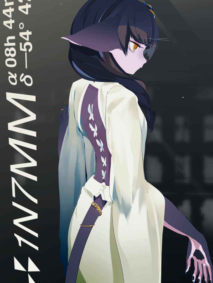 1girl animal_ears animal_nose animal_print black_hair blue_hair butterfly_print cat_ears cat_girl cat_tail furry furry_female grey_background hair_ornament highres idkuroi japanese_clothes kimono multicolored_hair noire_kooshe orange_eyes original profile solo streaked_hair tail tail_ornament tail_ring tail_through_clothes twitter_username white_kimono wide_sleeves