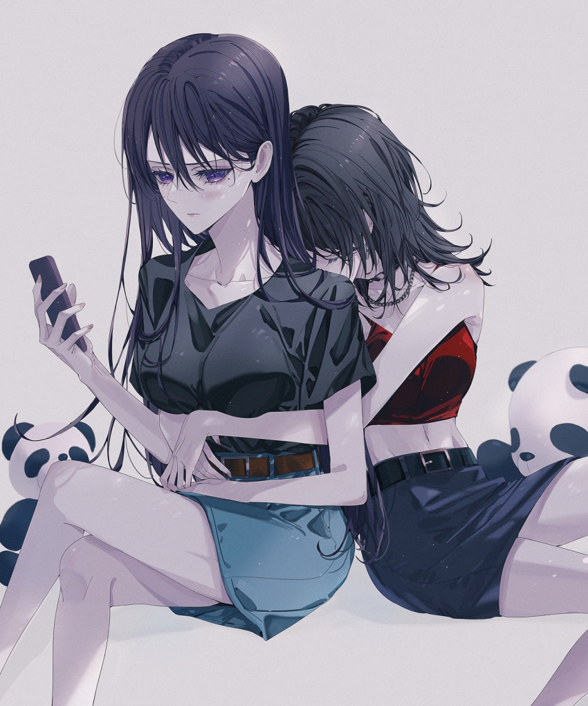 2girls bang_dream! bang_dream!_it's_mygo!!!!! belt belt_buckle black_belt black_choker black_hair black_shirt black_skirt blackfangs blue_skirt blush breasts brown_belt buckle cellphone chain_necklace choker closed_mouth collarbone commentary_request crop_top grey_background hair_behind_ear hair_between_eyes highres holding holding_phone hug hug_from_behind jewelry long_hair medium_breasts medium_hair mole mole_under_eye multiple_girls necklace partial_commentary phone purple_eyes red_shirt shiina_taki shirt short_sleeves skirt sleeveless sleeveless_shirt small_breasts smartphone stuffed_animal stuffed_panda stuffed_toy yahata_umiri yuri