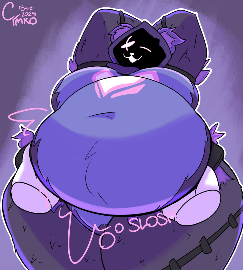 absurd_res ambiguous_gender anthro bear belly big_belly breasts clothing disembodied_hand epic_games eye_scar facial_scar female female/ambiguous fortnite hands_behind_head hi_res hoodie mammal navel obese obese_anthro obese_female one_eye_closed open_mouth open_smile overweight overweight_anthro overweight_female purple_body raven_team_leader rumbling_stomach scar simple_background slosh sloshing_belly smile solo_focus topwear ymkoderg