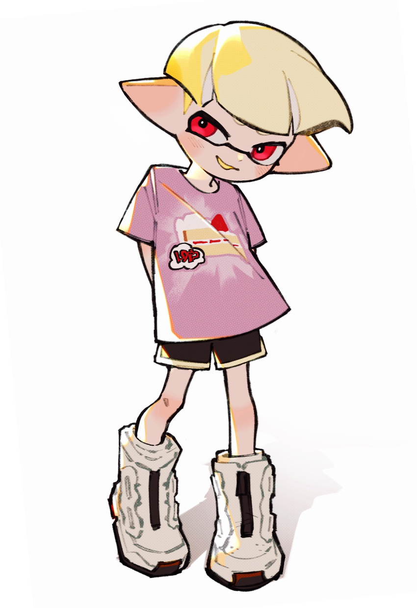 1girl arms_behind_back black_shorts blonde_hair full_body high_tops highres inari1369 inkling inkling_girl inkling_player_character open_mouth pink_shirt pointy_ears print_shirt red_eyes shadow shirt shoes short_hair shorts simple_background smile sneakers solo splatoon_(series) splatoon_3 standing tachi-e tentacle_hair white_background white_footwear yellow_trim