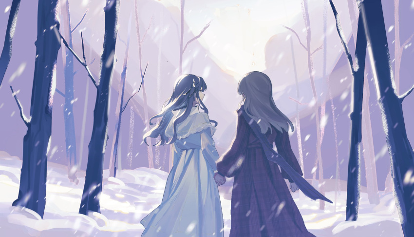 2girls bang_dream! bang_dream!_it's_mygo!!!!! black_ribbon blue_hair brown_dress closed_mouth commentary dress from_behind green_hair hair_ribbon highres holding_hands long_hair long_sleeves looking_at_another multiple_girls outdoors profile ribbon sigangsan snow snowing togawa_sakiko tree two_side_up wakaba_mutsumi white_dress