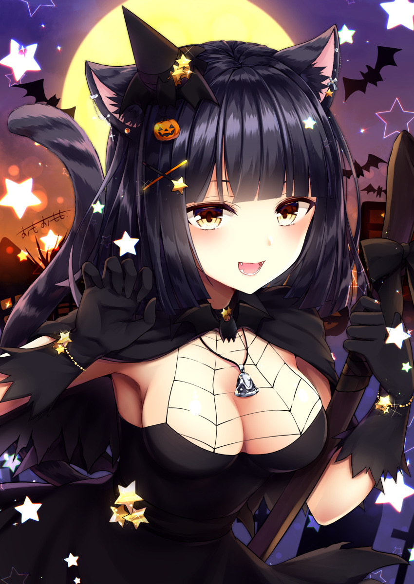 1girl :d absurdres animal_ear_fluff animal_ears armpits bat bell black_dress black_gloves black_hair breasts brown_eyes capelet cat_ears cat_girl cat_tail claw_pose cleavage commentary_request dress fangs full_moon gloves hair_ornament hairclip halloween hands_up hat highres holding jewelry looking_at_viewer medium_breasts mini_hat moon necklace omoomomo open_mouth original short_hair sleeveless sleeveless_dress smile solo star tail tilted_headwear upper_body x_hair_ornament