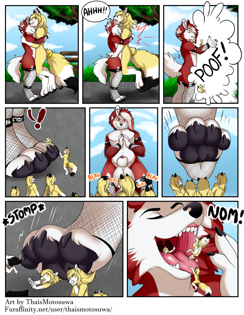 2018 absurd_res anthro balls bulge canid canine clothing comic comic_panel duo extreme_size_difference feet female fishnet_clothing fishnet_legwear foot_fetish foot_focus footwear fox generation_7_pokemon genitals hi_res hug legwear lycanroc macro male male/female mammal micro nintendo pawpads paws pokemon pokemon_(species) size_difference socks thaismotosuwa tongue transformation vore