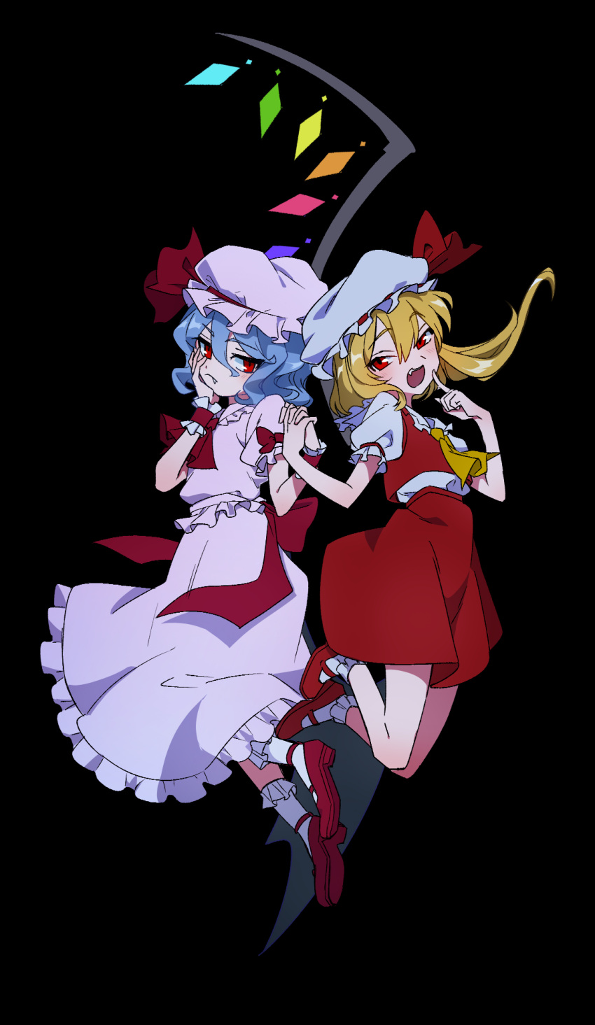 2girls ascot back_bow black_background black_wings blonde_hair blue_hair bow closed_mouth crystal fang fang_out flandre_scarlet hand_on_own_cheek hand_on_own_face hat hat_ribbon highres holding_hands index_finger_raised kei_(wa_shoi) legs_up long_hair looking_at_viewer mob_cap multiple_girls open_mouth pink_hat pink_shirt pink_skirt pointing pointing_at_self puffy_short_sleeves puffy_sleeves red_ascot red_bow red_eyes red_footwear red_ribbon red_skirt red_vest remilia_scarlet ribbon shirt short_sleeves side_ponytail simple_background skirt smile socks touhou vest white_hat white_shirt white_socks wings wrist_cuffs yellow_ascot