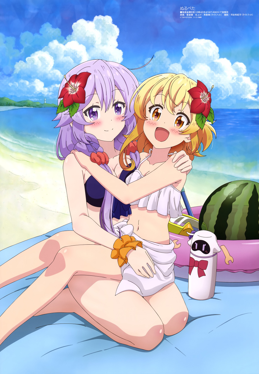 2girls absurdres beach beach_umbrella bikini blonde_hair breasts character_request cleavage copyright_request highres long_hair multiple_girls peta purple_eyes purple_hair scan short_hair swimsuit umbrella yellow_eyes