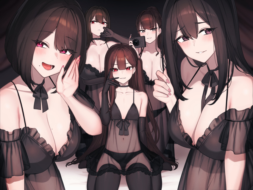 5girls babydoll bare_shoulders blush breasts brown_hair camera cleavage collarbone hayabusa large_breasts long_hair looking_at_viewer multiple_girls open_mouth original short_hair sitting small_breasts smile thighhighs thighs