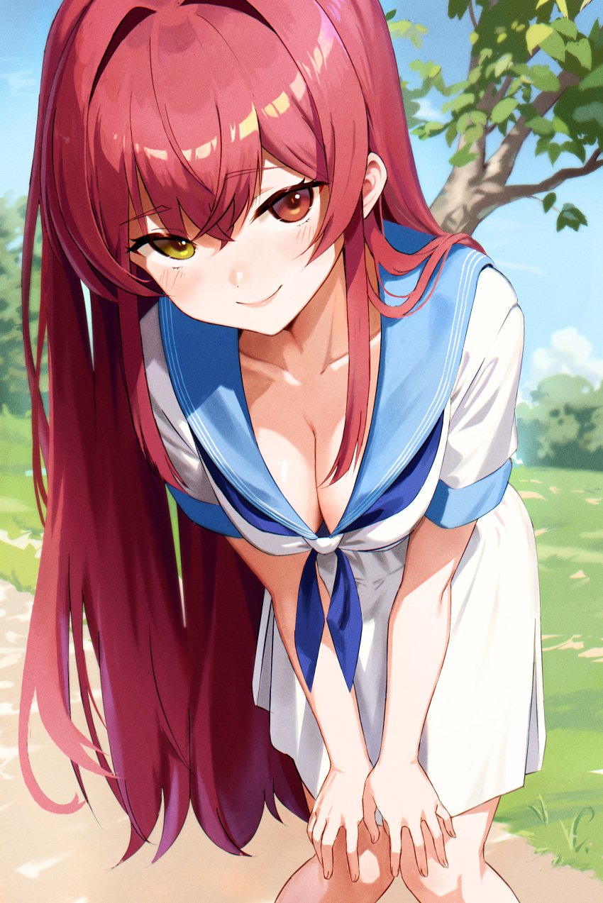 1girl absurdres blue_neckerchief blue_sailor_collar blush breasts cleavage heterochromia highres holohoneygaoka_high_school_uniform holohoneygaoka_koukou hololive houshou_marine large_breasts long_hair looking_at_viewer meme_tesshin multicolored_hair neckerchief official_alternate_costume red_eyes red_hair sailor_collar school_uniform serafuku shirt short_sleeves skirt smile solo uniform virtual_youtuber white_serafuku white_shirt white_skirt yellow_eyes