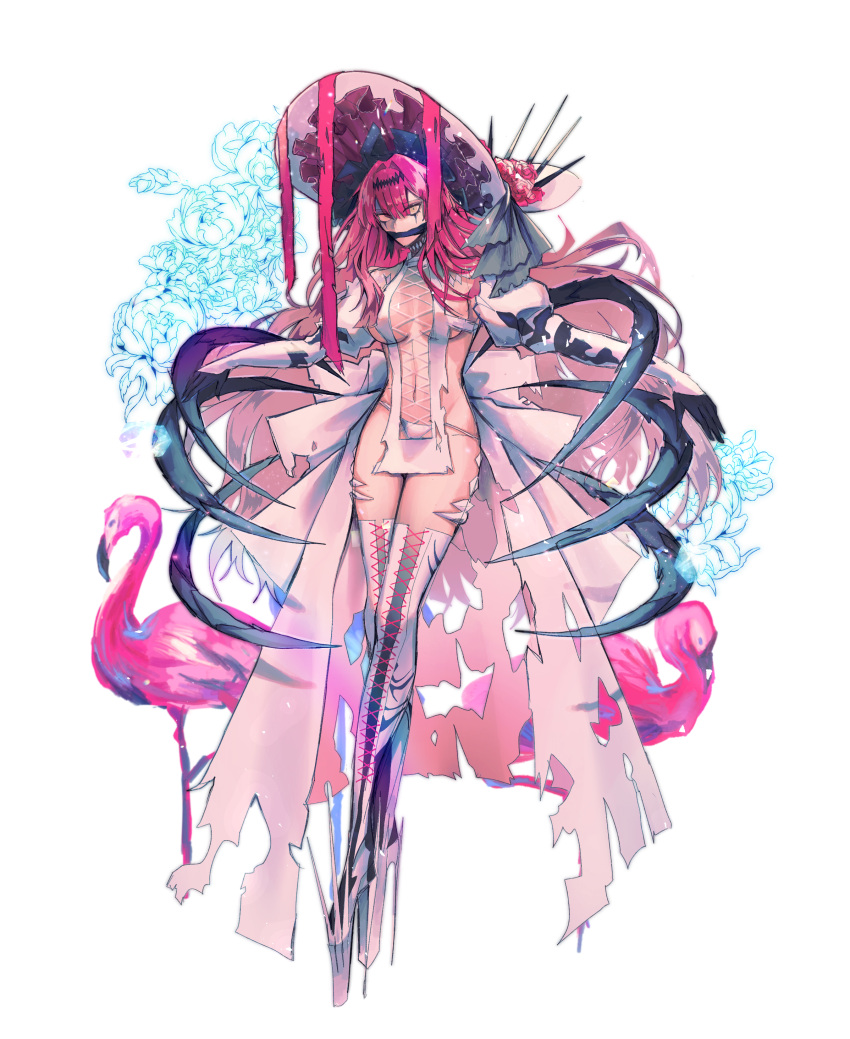 1girl absurdres baobhan_sith_(fate) baobhan_sith_(third_ascension)_(fate) bird boots breasts brynhildr97 cross-laced_clothes cross-laced_dress detached_sleeves dress facial_mark fate/grand_order fate_(series) flamingo flower frilled_hat frills full_body gag grey_eyes hair_ornament hat hat_flower high_heel_boots high_heels highres long_hair looking_at_viewer navel panties pink_hair platform_footwear platform_heels revealing_clothes sidelocks solo spiked_footwear thigh_boots torn_clothes underwear white_background white_dress white_hat white_panties