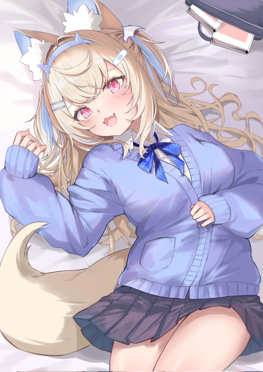 animal_ear_fluff animal_ears bag bandaid bandaid_hair_ornament blonde_hair blue_hair blush breasts colored_inner_animal_ears dog_ears dog_girl dog_tail fang fuwawa_abyssgard hair_ornament highres hololive hololive_english horn_hairband long_hair multicolored_hair namakatsu open_mouth pink_eyes school_bag school_uniform skin_fang skirt streaked_hair tail virtual_youtuber