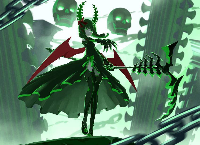 1girl 32zzz black_dress black_rock_shooter black_thighhighs chain dead_master dress green_eyes green_hair highres holding holding_scythe horns medium_hair pale_skin red_wings scythe skeletal_hand skull solo thighhighs wings