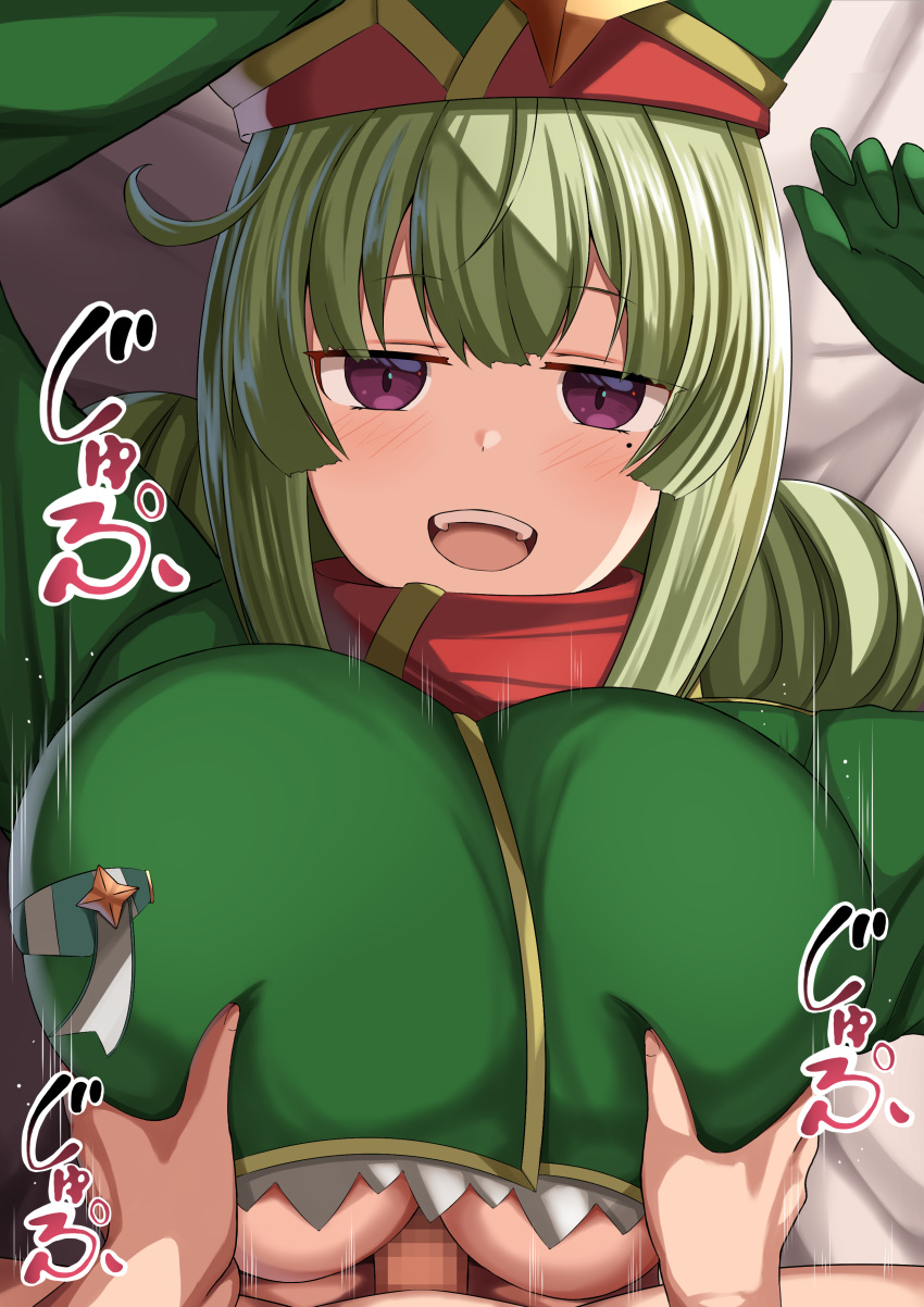 1boy 1girl absurdres ahoge alternate_breast_size araga_kiwi blush breasts breasts_squeezed_together censored clothed_female_nude_male coat commentary_request double_bun green_hair green_hat green_sleeves hair_bun hat hetero highres huge_breasts jacket leoparde_(mahou_shoujo_ni_akogarete) looking_at_viewer mahou_shoujo_ni_akogarete mero_en_e military_coat military_hat military_jacket mole mole_under_eye mosaic_censoring nude open_mouth paizuri paizuri_under_clothes penis perpendicular_paizuri pov pov_crotch simple_background smile solo_focus translation_request very_long_sleeves