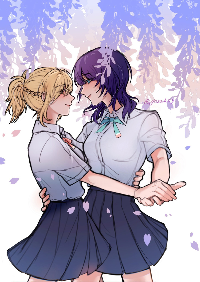 2girls asaka_karin blonde_hair blue_eyes blue_hair blue_skirt braid breasts collared_shirt commentary cowboy_shot dark_blue_hair eye_contact face-to-face falling_petals flower green_ribbon hand_on_another's_back height_difference highres holding_hands looking_at_another love_live! love_live!_nijigasaki_high_school_idol_club medium_breasts medium_hair miyashita_ai multiple_girls neck_ribbon nijigasaki_academy_school_uniform orange_eyes petals pink_ribbon plant pleated_skirt ponytail ribbon school_uniform shirt short_sleeves sidelocks skirt smile summer_uniform twitter_username white_shirt wisteria yosaki9 yuri