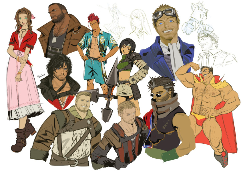 4girls 6+boys aerith_gainsborough aqua_shirt aqua_shorts armor artist_name ascot auron bangle barret_wallace beard black_cloak black_shirt blonde_hair blue_eyes blue_jacket boots bracelet brown_coat brown_eyes brown_footwear brown_hair brown_vest cait_sith_(ff7) cape cat chain_necklace choker cid_highwind clive_rosfield cloak closed_mouth coat cowboy_shot crop_top cropped_jacket cropped_legs cropped_torso crown dark-skinned_male dark_skin dio_(final_fantasy) dog_tags dress earrings facial_hair final_fantasy final_fantasy_vii final_fantasy_vii_rebirth final_fantasy_vii_remake final_fantasy_x final_fantasy_xvi flexing flower_choker full_body gav_(ff16) goetz_(ff16) goggles goggles_on_head gold_cape green_eyes green_shirt grey_hair grey_shorts grin hair_between_eyes hair_ribbon hair_slicked_back hands_on_own_hips hawaiian_shirt headband highres holding holding_shuriken holding_staff holding_weapon jacket jewelry jill_warrick johnny_(ff7) leather_armor long_dress long_hair long_skirt male_swimwear midriff mini_crown mr_kasuy multicolored_hair multiple_boys multiple_girls muscular muscular_male mustache neck_ribbon necklace nontraditional_miko open_clothes open_shirt pink_dress pink_ribbon pleated_skirt red_cape red_hair red_jacket red_male_swimwear red_vest ribbon scar scar_on_cheek scar_on_face shirt short_hair short_sleeves shorts shoulder_armor shuriken single_bare_shoulder single_earring single_shoulder_pad single_sleeve skirt sleeveless sleeveless_shirt sleeveless_turtleneck smile soul_patch staff streaked_hair stubble sunglasses swim_briefs teeth turtleneck two-sided_cape two-sided_fabric upper_body very_short_hair vest weapon white_ascot wide_sleeves yuffie_kisaragi yuna_(ff10)