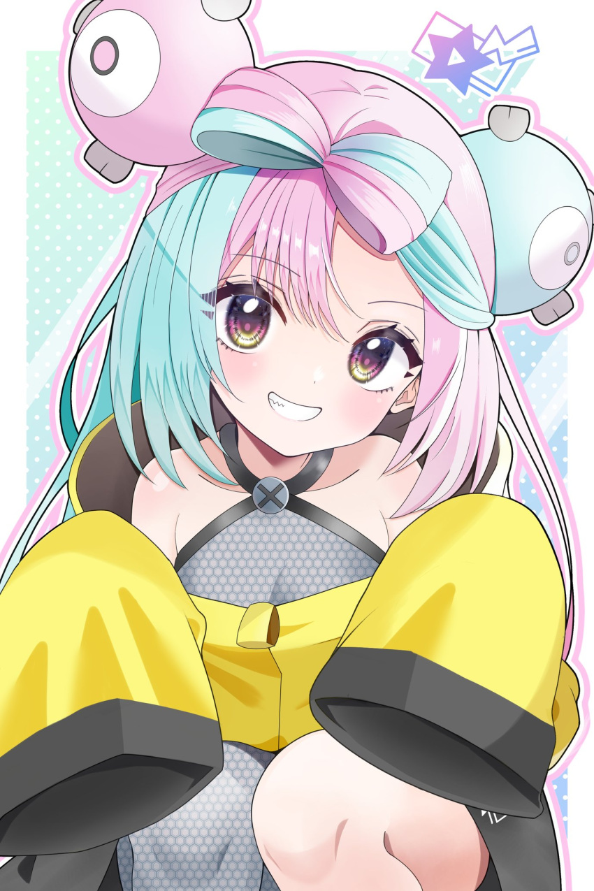 1girl bow-shaped_hair character_hair_ornament collarbone commentary_request grey_pantyhose grey_shirt grin hair_ornament hands_up head_tilt highres iono_(pokemon) jacket knees long_hair looking_at_viewer multicolored_hair odorukaminoke pantyhose pink_hair pokemon pokemon_sv shirt single_leg_pantyhose sleeveless sleeveless_shirt sleeves_past_fingers sleeves_past_wrists smile solo squatting teeth two-tone_hair yellow_jacket