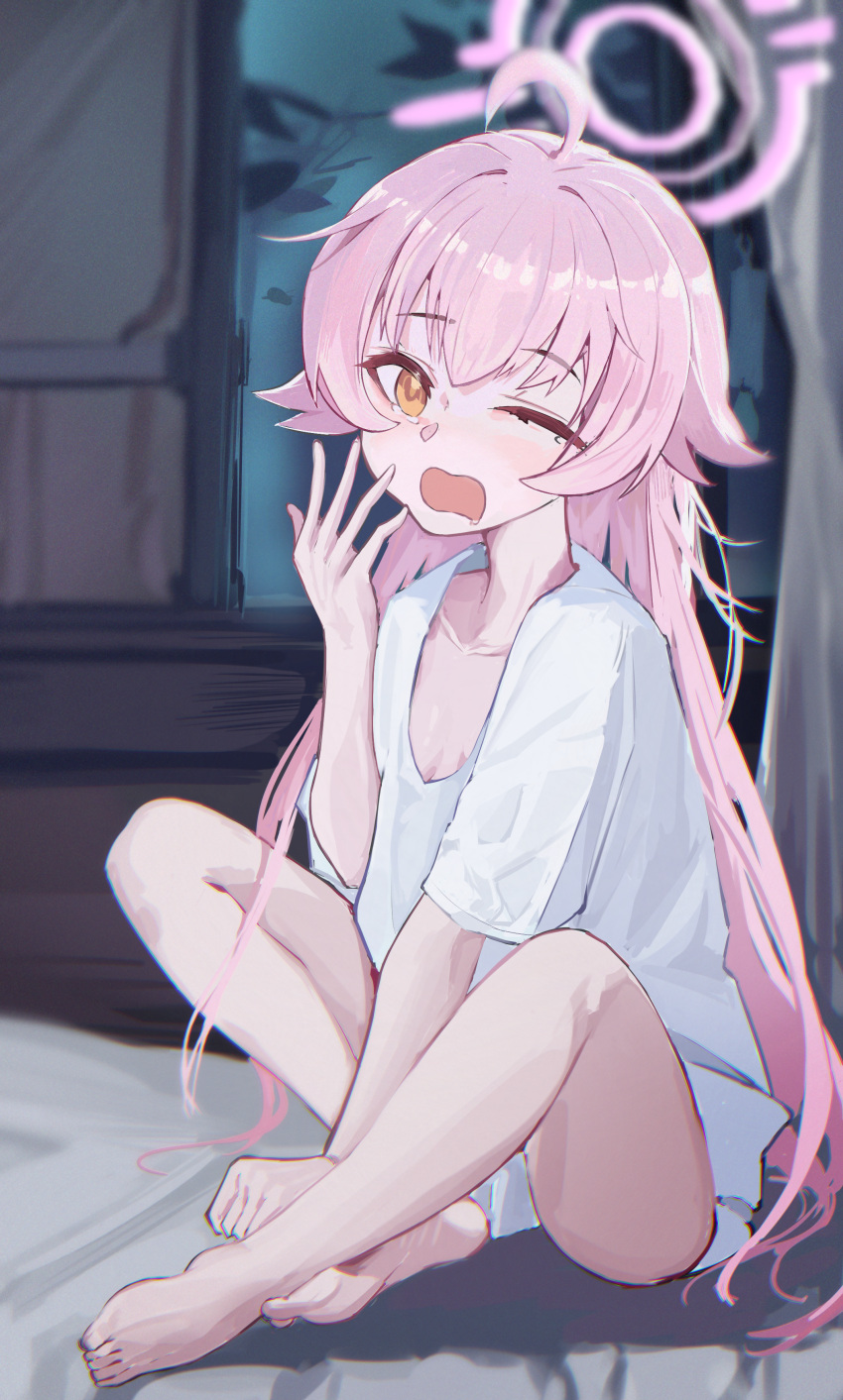 1girl absurdres ahoge alternate_costume bare_legs barefoot blue_archive blurry blurry_background commentary_request halo hand_up highres hoshino_(blue_archive) indoors long_hair looking_at_viewer one_eye_closed open_mouth orange_eyes pink_hair pink_halo shirt sitting solo star1ynight white_shirt yawning