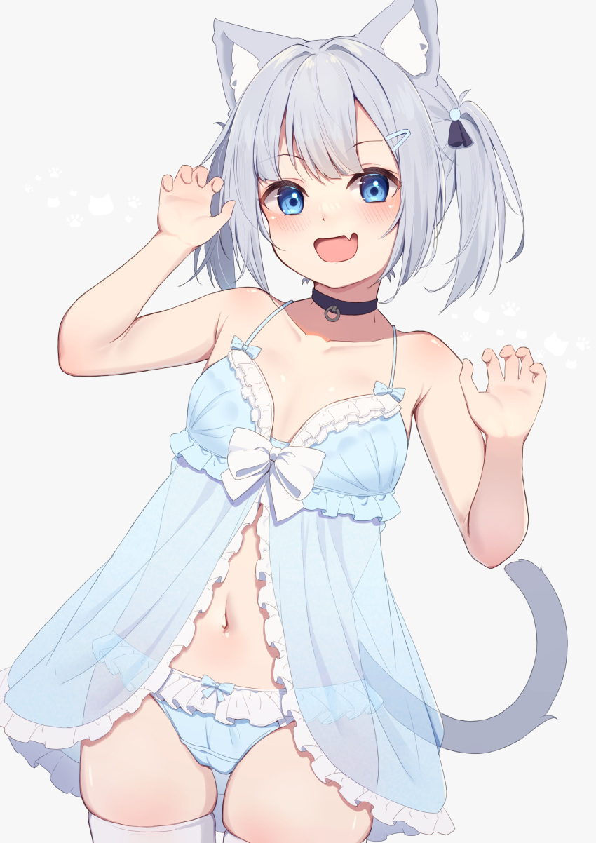 1girl absurdres animal_ear_fluff animal_ears babydoll bare_arms bare_shoulders black_choker blue_eyes blue_panties blush bow bow_panties breasts cat_ears cat_girl cat_tail choker claw_pose collarbone commentary_request frilled_panties frills grey_background grey_hair hair_ornament hairclip hands_up highres hinata_(user_rjkt4745) looking_at_viewer navel original panties simple_background skindentation small_breasts solo standing tail thighhighs twintails underwear underwear_only white_thighhighs