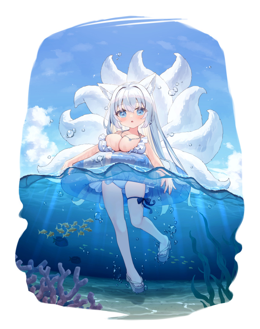 1girl :o animal animal_ear_fluff animal_ears bare_arms bare_shoulders blue_eyes blue_sky breasts cloud collarbone commentary_request coral day fish fox_ears fox_girl fox_tail frilled_one-piece_swimsuit frills full_body grey_footwear grey_hair grey_one-piece_swimsuit hair_between_eyes highres innertube kitsune kyuubi large_breasts looking_at_viewer multiple_tails one-piece_swimsuit original parted_lips partially_underwater_shot sandals satsuki_yukimi sky solo standing standing_on_one_leg swim_ring swimsuit tail water