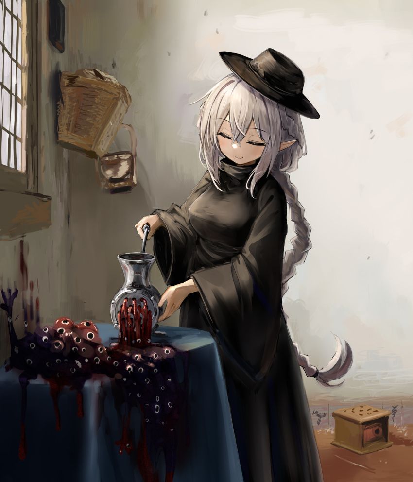 basket beize_(garbage) black_dress black_hat black_theme braid braided_ponytail dress fine_art_parody hat highres horror_(theme) kitchen long_braid machikado_mazoku meatgrinder nayuta_suika parody the_milkmaid too_many_eyes window