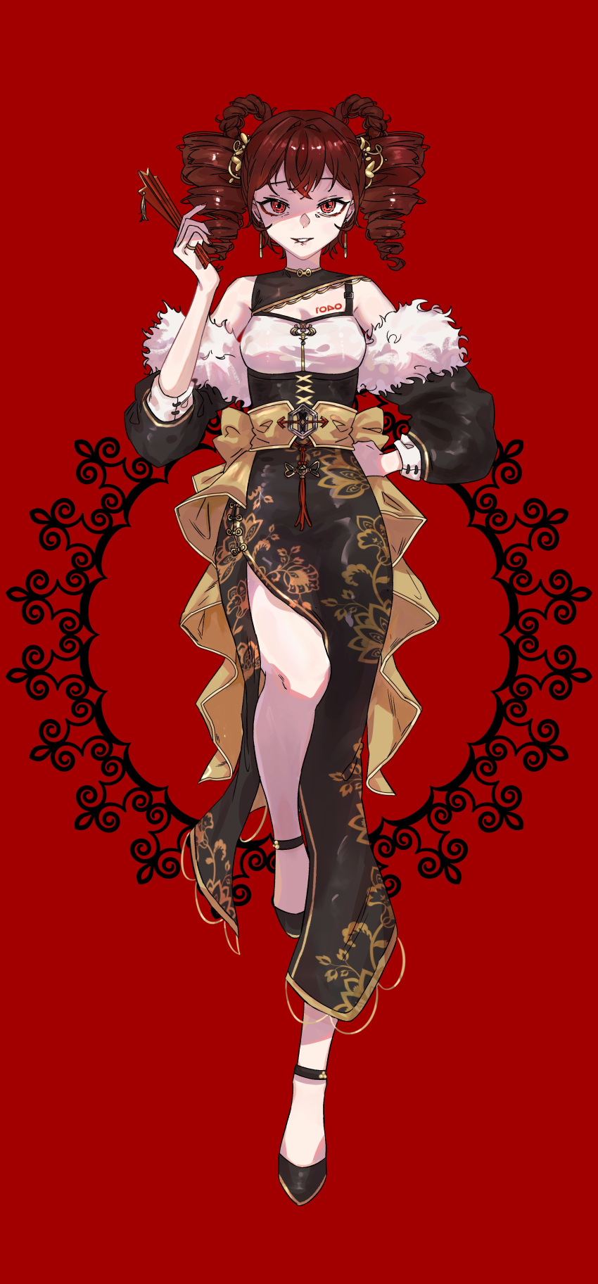 1girl absurdres alka alternate_costume black_sleeves breasts chinese_clothes cleavage commentary detached_sleeves drill_hair floral_print full_body fur-trimmed_sleeves fur_trim gold_trim hand_on_own_hip highres kasane_teto leg_up medium_breasts pale_skin red_eyes red_hair side_slit smile solo twin_drills utau