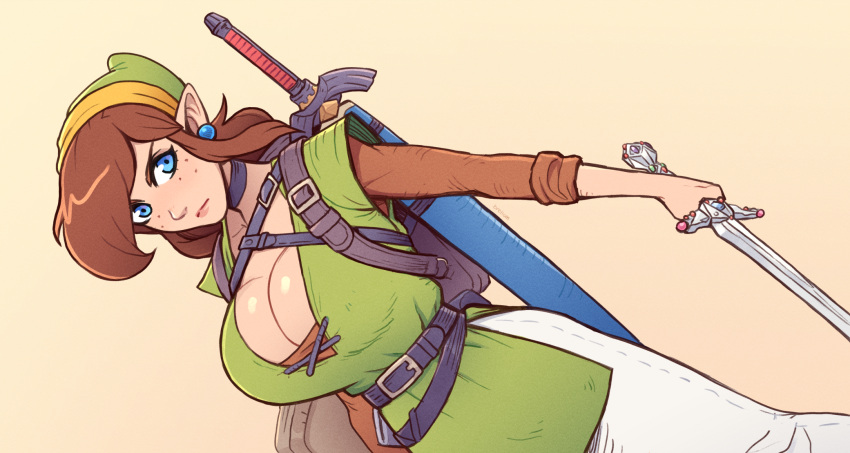 1girl angry belt blue_eyes breasts brellom brown_hair choker cleavage dutch_angle earrings freckles genderswap hat highres holding holding_sword holding_weapon huge_breasts jewelry large_breasts link looking_at_viewer master_sword pointy_ears scabbard sheath simple_background solo sword the_legend_of_zelda weapon