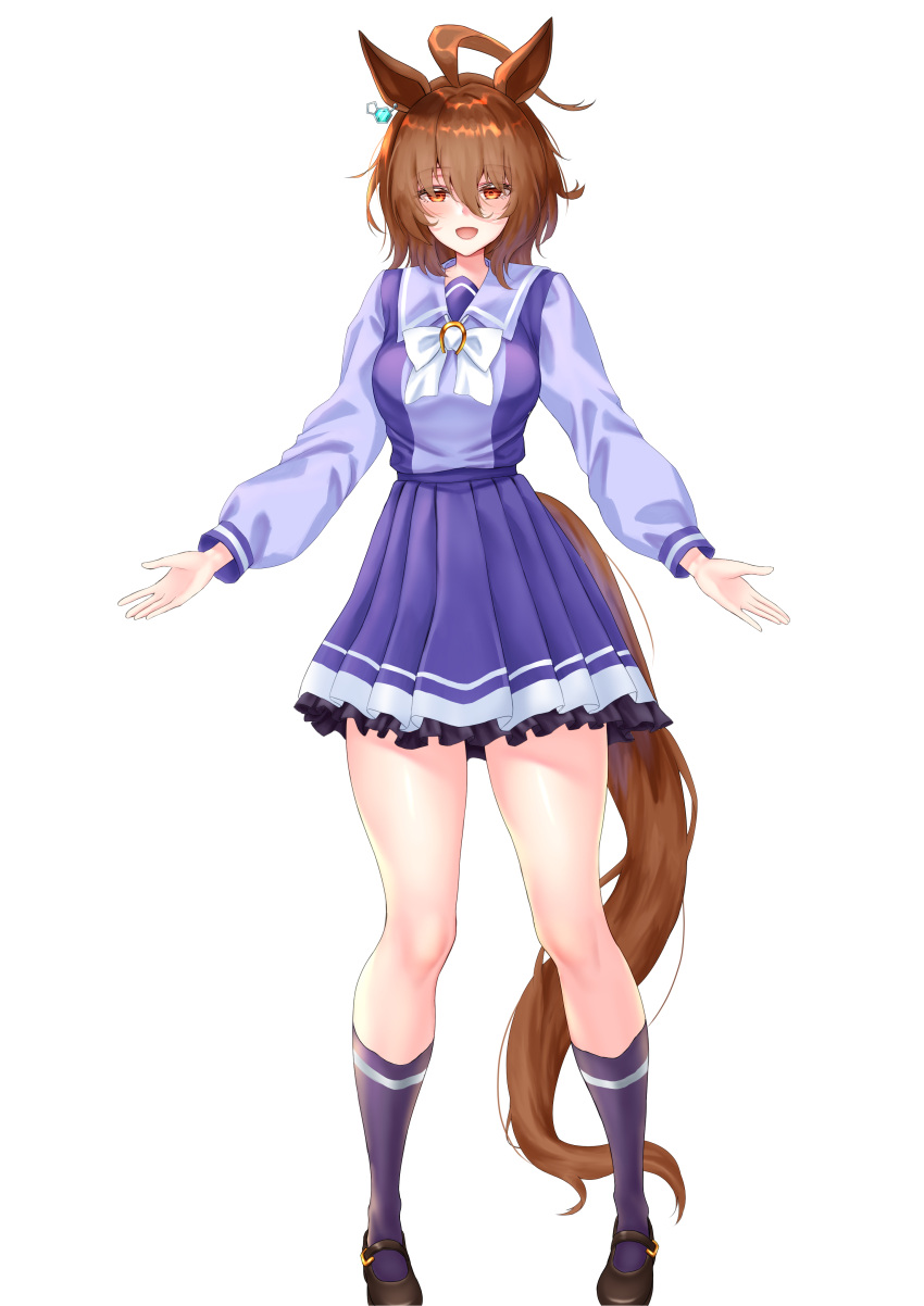 1girl absurdres agnes_tachyon_(umamusume) ahoge animal_ears bow brown_footwear brown_hair commentary_request earrings full_body hair_between_eyes highres horse_ears horse_girl horse_tail jewelry loafers long_sleeves looking_at_viewer manu_lee messy_hair pleated_skirt purple_shirt purple_skirt purple_socks red_eyes sailor_collar school_uniform shirt shoes short_hair simple_background single_earring skirt smile socks solo standing tail tracen_school_uniform umamusume white_background white_bow winter_uniform