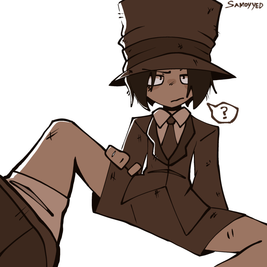 1boy ? brown_attire brown_coat brown_hair brown_hat chimbley_(law_of_talos) coat dark_skin dirty dirty_clothes hand_on_own_thigh hat highres law_of_talos looking_at_viewer male_focus messy non-web_source perspective simple_background spread_legs unamused